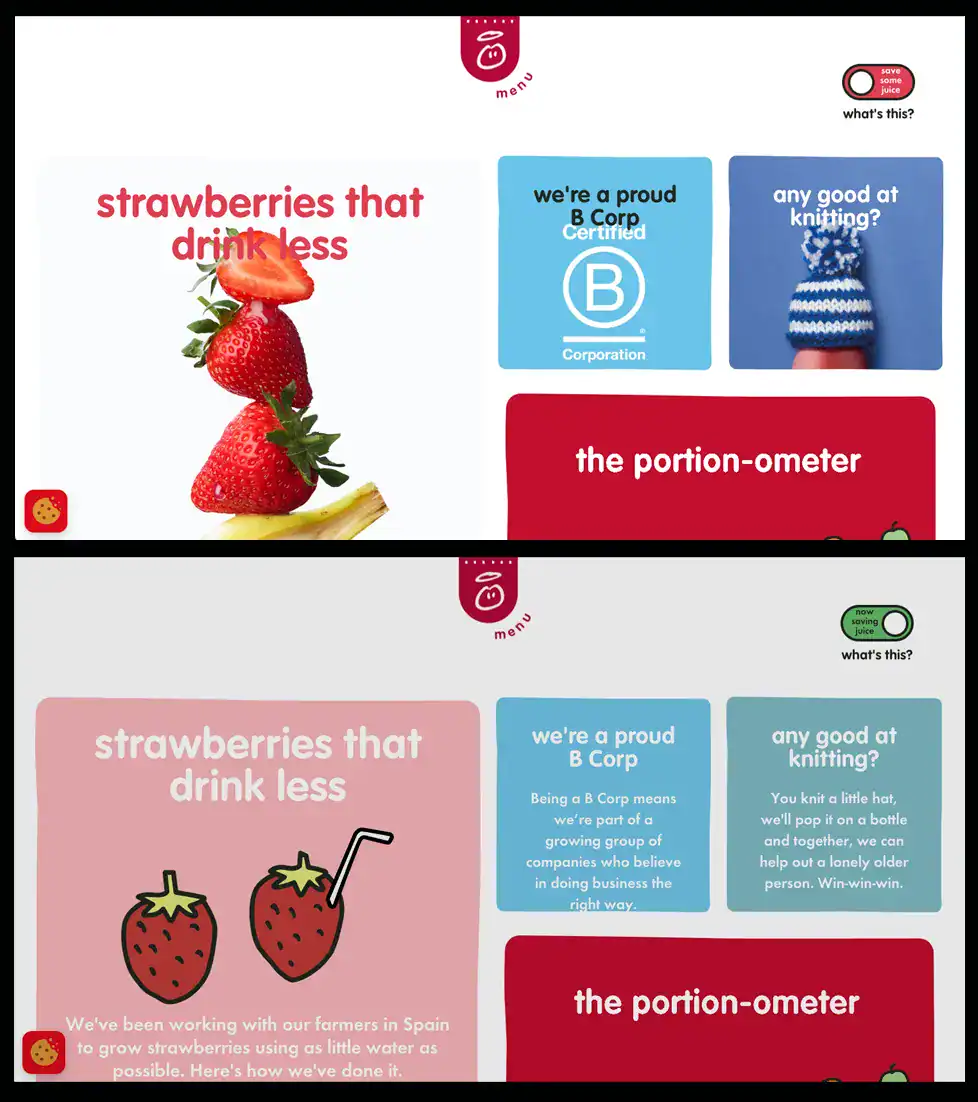 Innocent’s website: before and after energy-saving mode activated, showing how photos are replaced with illustrations and muddier colours.