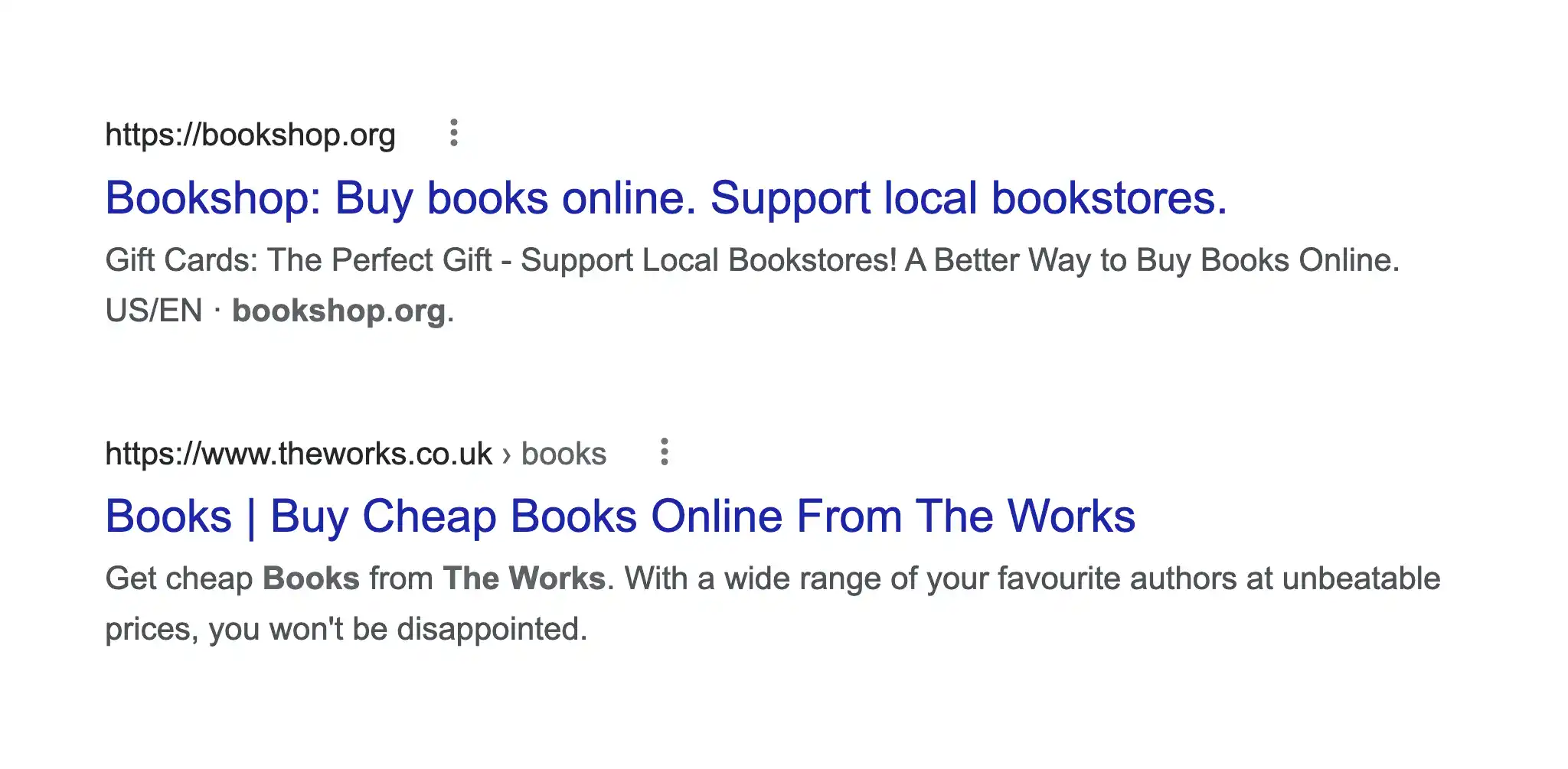 Google search results demonstrating different audience targeting through title tags
