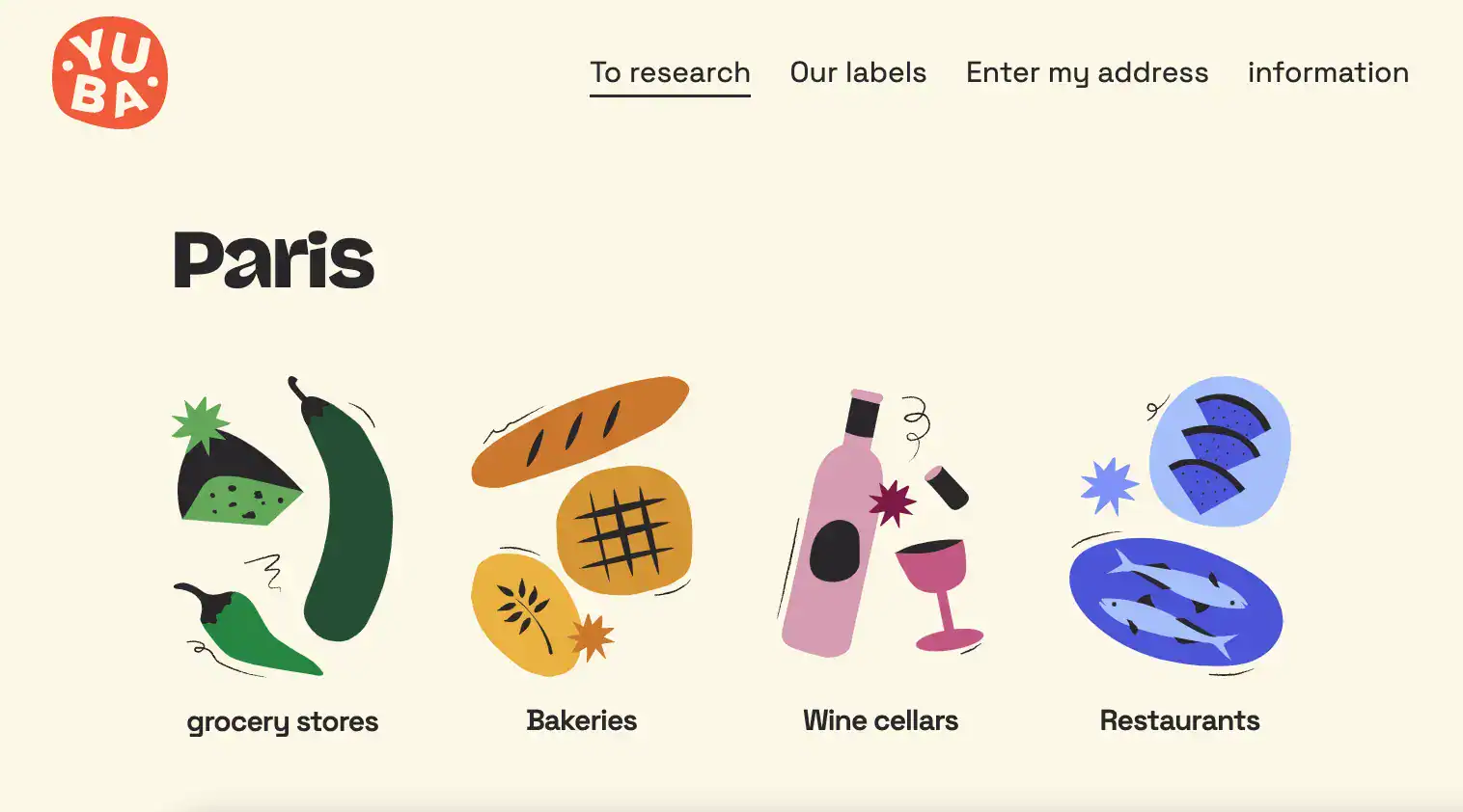 Illustrations of vegetables, bread, wine and food